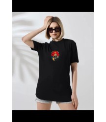 Unisex Bisiklet Yaka Baskılı T-Shirt - Siyah