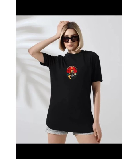 Unisex Bisiklet Yaka Baskılı T-Shirt - Siyah