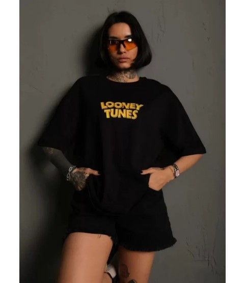 Unisex Bisiklet Yaka Baskılı Oversize T-Shirt - Siyah