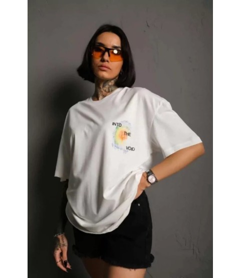 Unisex Bisiklet Yaka Baskılı Oversize T-Shirt - Beyaz