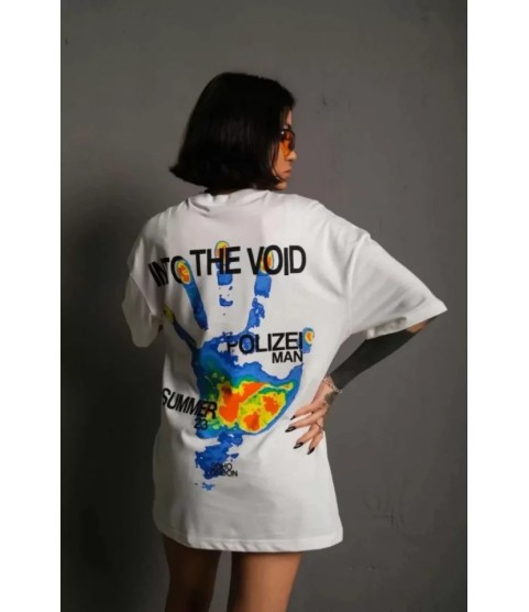 Unisex Bisiklet Yaka Baskılı Oversize T-Shirt - Beyaz