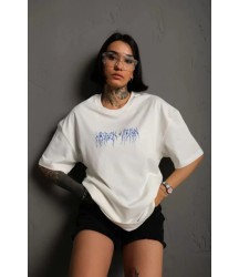 Unisex Bisiklet Yaka Baskılı Oversize T-Shirt - Beyaz