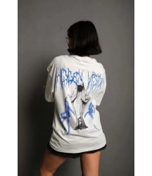 Unisex Bisiklet Yaka Baskılı Oversize T-Shirt - Beyaz