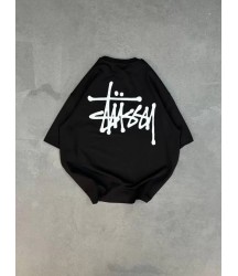 Unisex Bisiklet Yaka Baskılı Oversize T-Shirt - Siyah