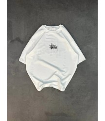 Unisex Bisiklet Yaka Baskılı Oversize T-Shirt - Beyaz