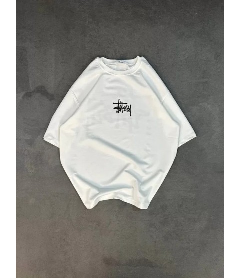 Unisex Bisiklet Yaka Baskılı Oversize T-Shirt - Beyaz