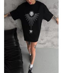 Unisex Bisiklet Yaka Baskılı Oversize T-Shirt - Siyah