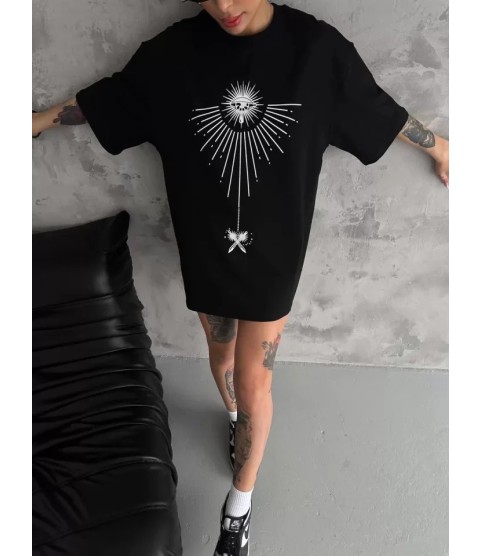 Unisex Bisiklet Yaka Baskılı Oversize T-Shirt - Siyah