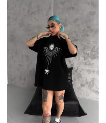 Unisex Bisiklet Yaka Baskılı Oversize T-Shirt - Siyah