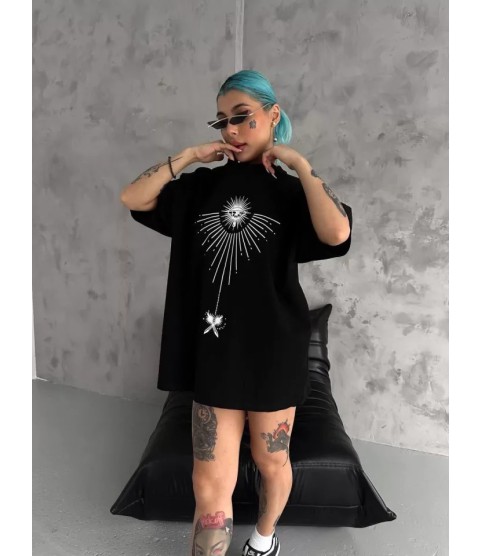 Unisex Bisiklet Yaka Baskılı Oversize T-Shirt - Siyah
