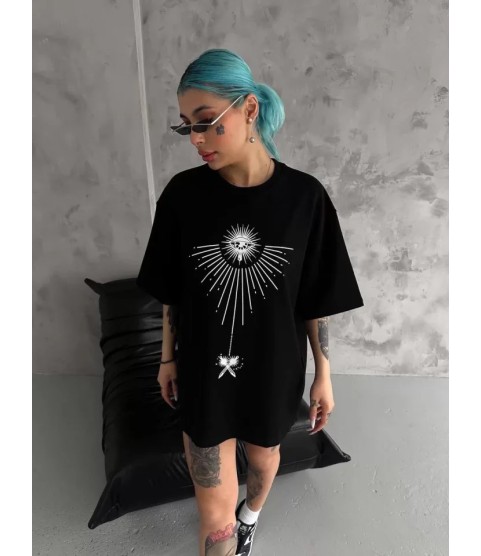 Unisex Bisiklet Yaka Baskılı Oversize T-Shirt - Siyah