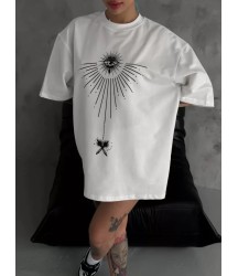 Unisex Bisiklet Yaka Baskılı Oversize T-Shirt - Beyaz