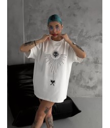 Unisex Bisiklet Yaka Baskılı Oversize T-Shirt - Beyaz