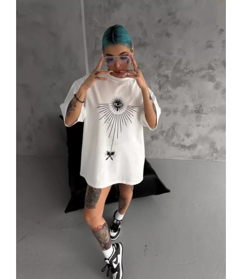 Unisex Bisiklet Yaka Baskılı Oversize T-Shirt - Beyaz