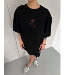 Unisex Bisiklet Yaka Baskılı Oversize T-Shirt - Siyah