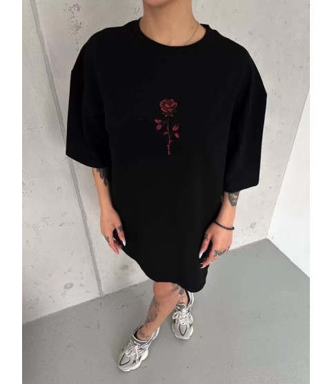 Unisex Bisiklet Yaka Baskılı Oversize T-Shirt - Siyah