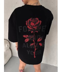 Unisex Bisiklet Yaka Baskılı Oversize T-Shirt - Siyah