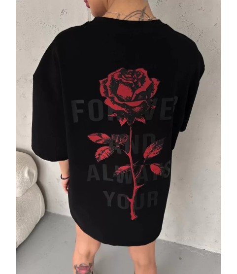 Unisex Bisiklet Yaka Baskılı Oversize T-Shirt - Siyah
