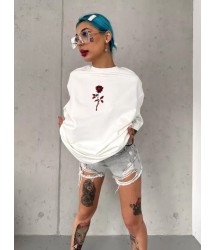 Unisex Bisiklet Yaka Baskılı Oversize T-Shirt - Beyaz