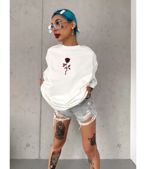 Unisex Bisiklet Yaka Baskılı Oversize T-Shirt - Beyaz