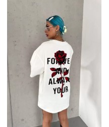 Unisex Bisiklet Yaka Baskılı Oversize T-Shirt - Beyaz