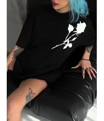 Unisex Bisiklet Yaka Baskılı Oversize T-Shirt - Siyah