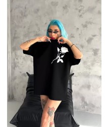 Unisex Bisiklet Yaka Baskılı Oversize T-Shirt - Siyah