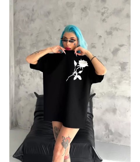 Unisex Bisiklet Yaka Baskılı Oversize T-Shirt - Siyah