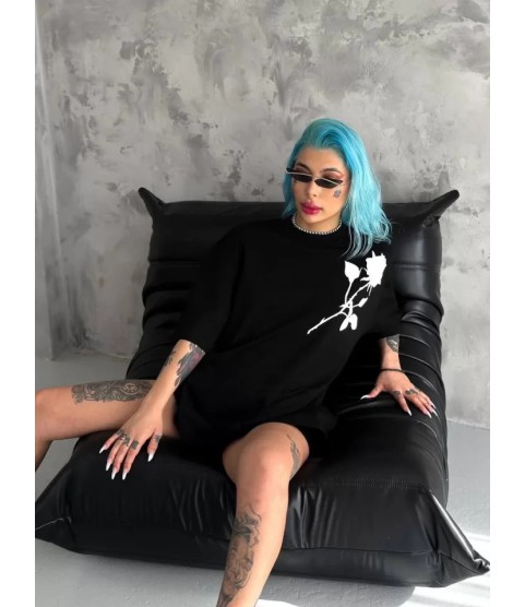 Unisex Bisiklet Yaka Baskılı Oversize T-Shirt - Siyah