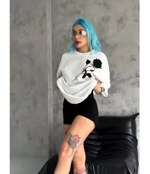 Unisex Bisiklet Yaka Baskılı Oversize T-Shirt - Beyaz
