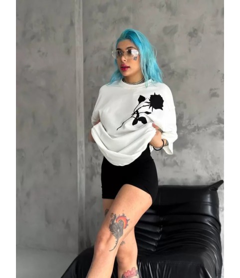 Unisex Bisiklet Yaka Baskılı Oversize T-Shirt - Beyaz