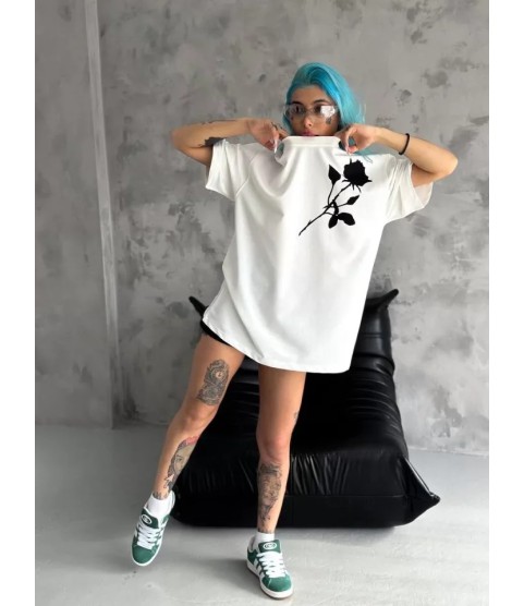 Unisex Bisiklet Yaka Baskılı Oversize T-Shirt - Beyaz