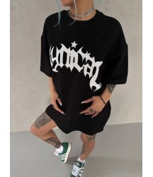 Unisex Bisiklet Yaka Baskılı Oversize T-Shirt - Siyah