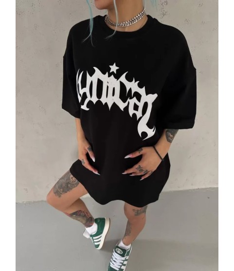 Unisex Bisiklet Yaka Baskılı Oversize T-Shirt - Siyah