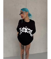 Unisex Bisiklet Yaka Baskılı Oversize T-Shirt - Siyah