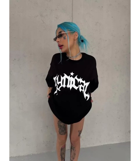 Unisex Bisiklet Yaka Baskılı Oversize T-Shirt - Siyah