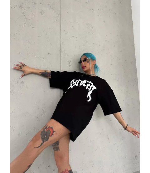 Unisex Bisiklet Yaka Baskılı Oversize T-Shirt - Siyah