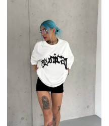Unisex Bisiklet Yaka Baskılı Oversize T-Shirt - Beyaz