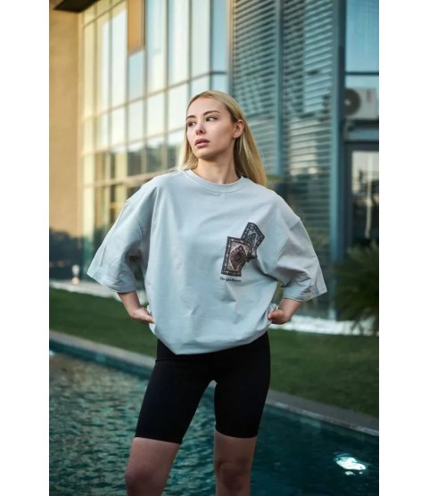 Unisex Bisiklet Yaka Baskılı Oversize T-Shirt - Boyalı Gri