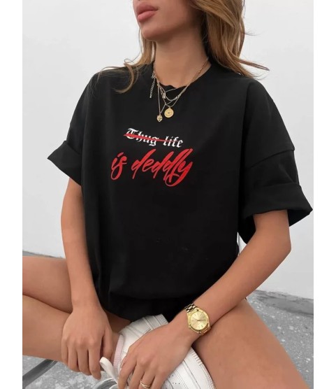 Unisex Bisiklet Yaka Baskılı Oversize T-Shirt - Siyah