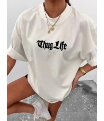 Unisex Bisiklet Yaka Baskılı Oversize T-Shirt - Beyaz