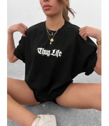 Unisex Bisiklet Yaka Baskılı Oversize T-Shirt - Siyah