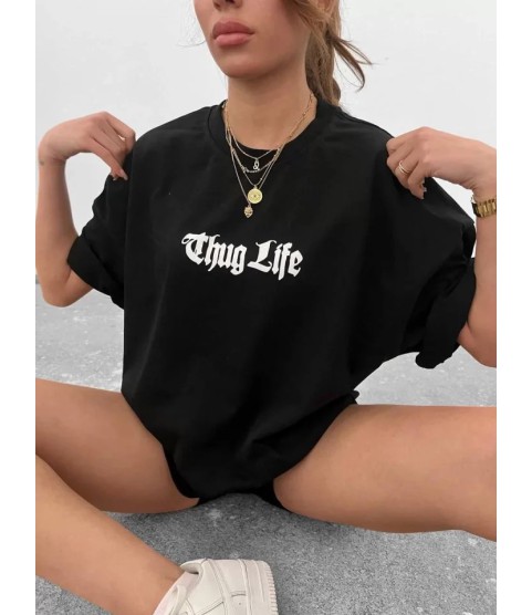 Unisex Bisiklet Yaka Baskılı Oversize T-Shirt - Siyah