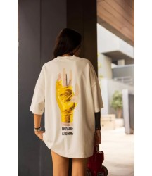 Unisex Bisiklet Yaka Baskılı Oversize T-Shirt - Beyaz