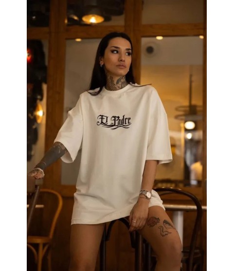 Unisex Bisiklet Yaka Baskılı Oversize T-Shirt - Beyaz