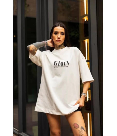 Unisex Bisiklet Yaka Baskılı Oversize T-Shirt - Beyaz