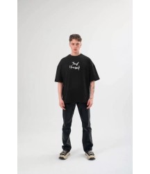 Unisex Bisiklet Yaka Baskılı Oversize T-Shirt - Siyah