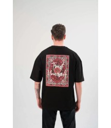 Unisex Bisiklet Yaka Baskılı Oversize T-Shirt - Siyah