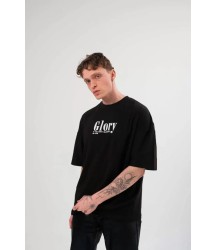 Unisex Bisiklet Yaka Baskılı Oversize T-Shirt - Siyah