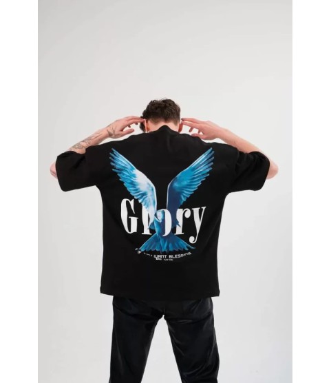 Unisex Bisiklet Yaka Baskılı Oversize T-Shirt - Siyah
